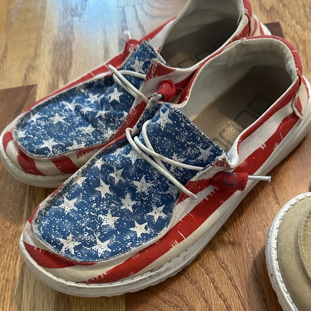 Hey Dude Kids Shoes - Starry Red, Blue, and Classic Tan